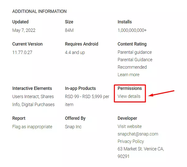 Google Play Store: Snapchat listing with Permissions section highlighted