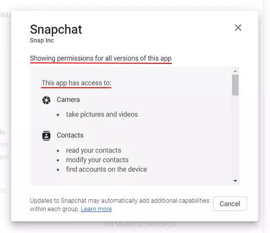 Google Play Store Snapchat listing: Permissions section - View Details window