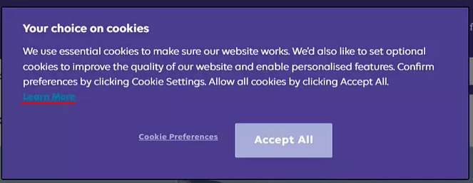 Gosh cookie consent notice with Learn More link highlighted
