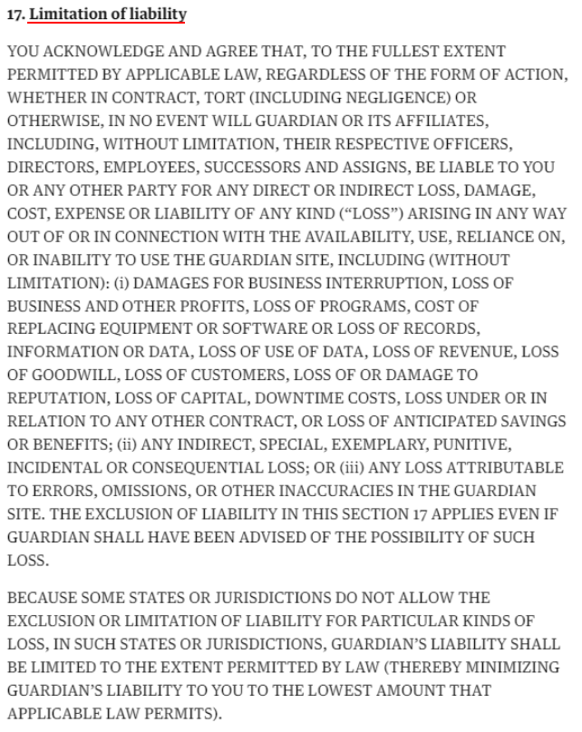 The Guardian Terms and Conditions: Limitation of Liability clause - Updated 2022