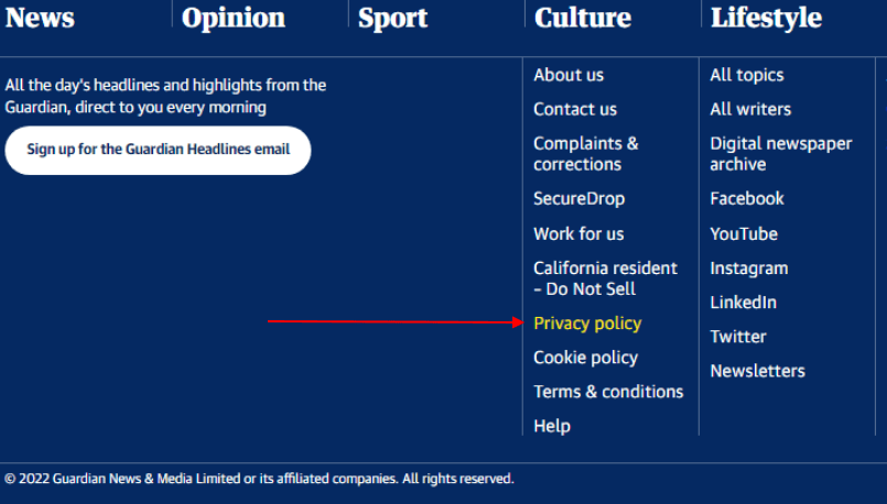 The Guardian  website footer with Privacy Policy link highlighted - Updated for 2022