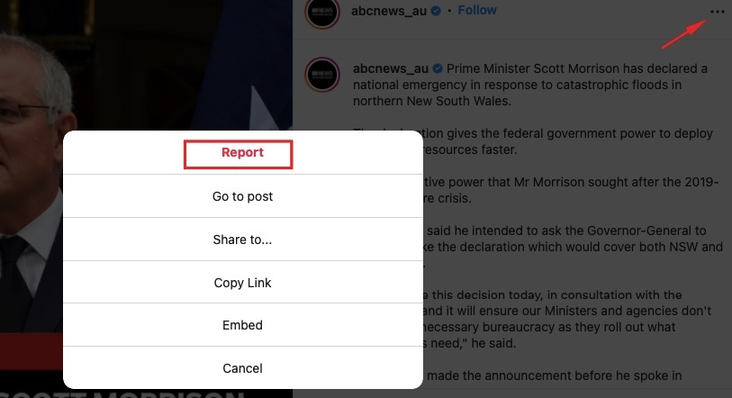 Instagram post with Report option highlighted