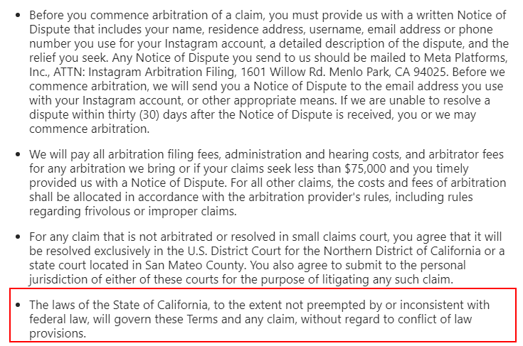 Instagram Terms of Use: How to Handle Disputes clause - Governing law section highlighted