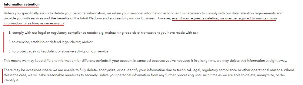 Intuit Global Privacy Statement: Information Retention clause excerpt