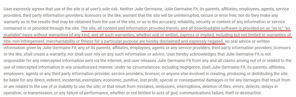 Julie Germaine Terms: Limitation of Liability and Disclaimers clause
