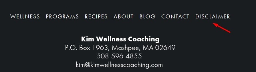 Kim Wellness Coaching website footer with Disclaimer link highlighted