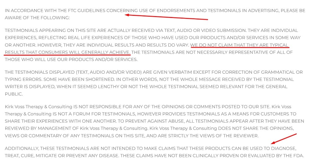 Kirk Voss Therapy: Testimonial Disclaimer