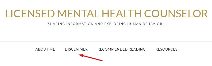 Licensed Mental Health Counselor website header menu with Disclaimer link highlighted