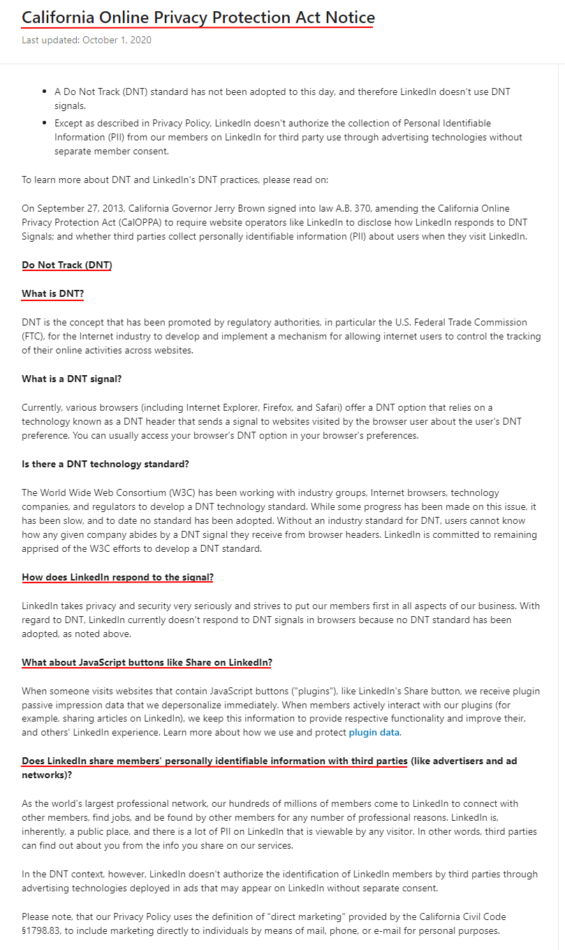 LinkedIn CalOPPA Privacy Notice: DNT page