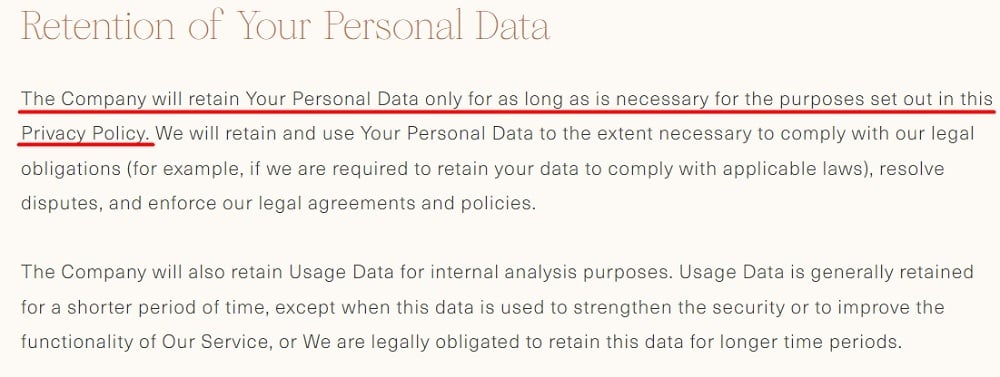 Lisa Olivera Privacy Policy: Retention of Your Personal Data clause