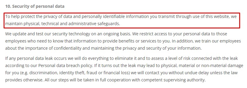Luxoft Privacy Notice: Security of personal data clause