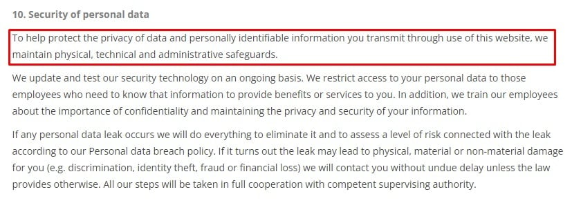 Luxoft Privacy Notice: Security of personal data clause