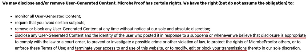 MicrobeProof Terms and Conditions: Disclose or remove user-generated content clause