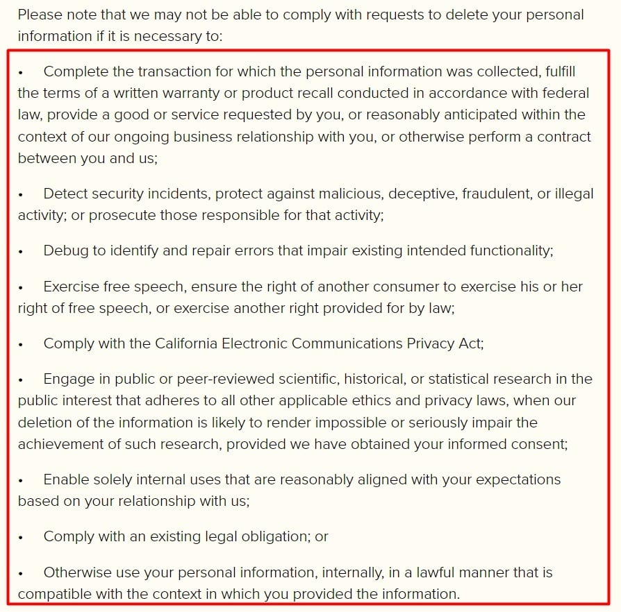 Minaa B Consulting Privacy Policy: Right to Deletion clause - Exceptions section