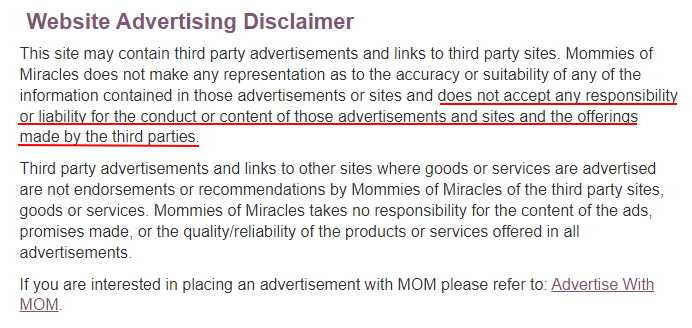 Mommies of Miracles Website Advertising Disclaimer - Updated for 2022