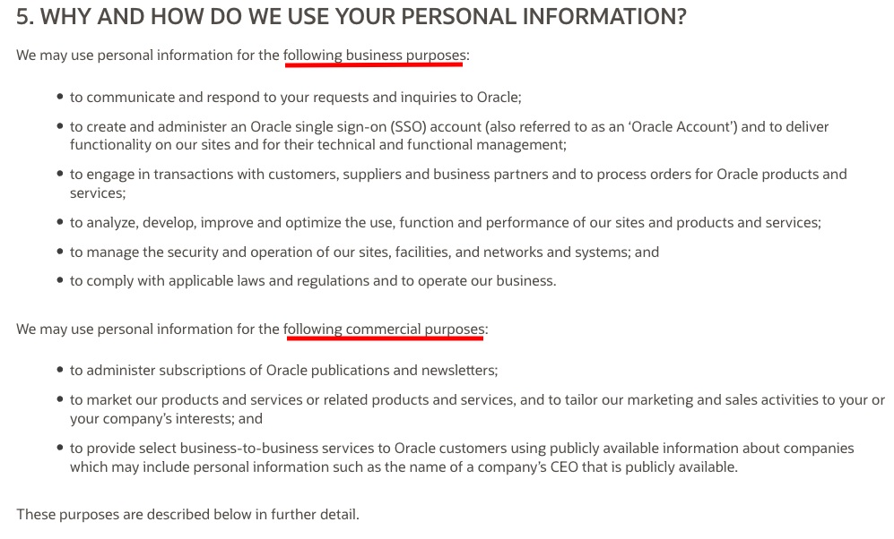 Oracle Privacy Policy: Why and How do we Use Your Personal Information clause excerpt