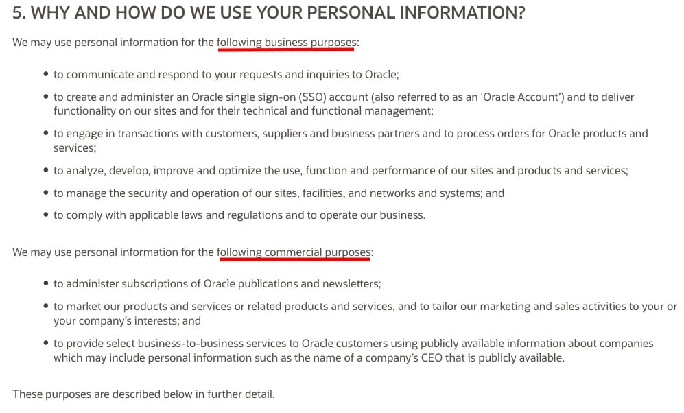 Oracle Privacy Policy: Why and How do we Use Your Personal Information clause excerpt