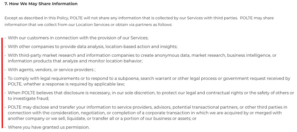 Polte Privacy Policy: How We may Share Information clause