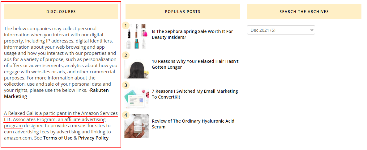 Relaxed Girl blog disclosure with Amazon Affiliates section highlighted
