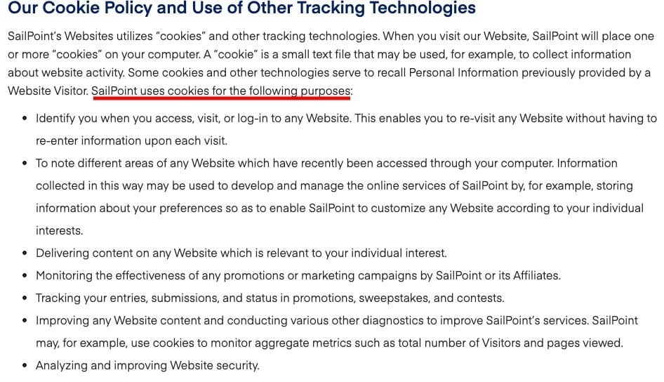SailPoint Privacy Notice: Cookie Policy and use of Other Tracking Technologies clause