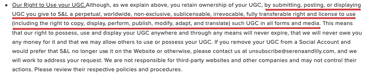 Serena and Lily User Submission Terms: Our Right to Use your UGC clause