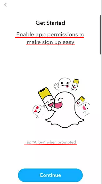 Snapchat intro screen: App permissions notice