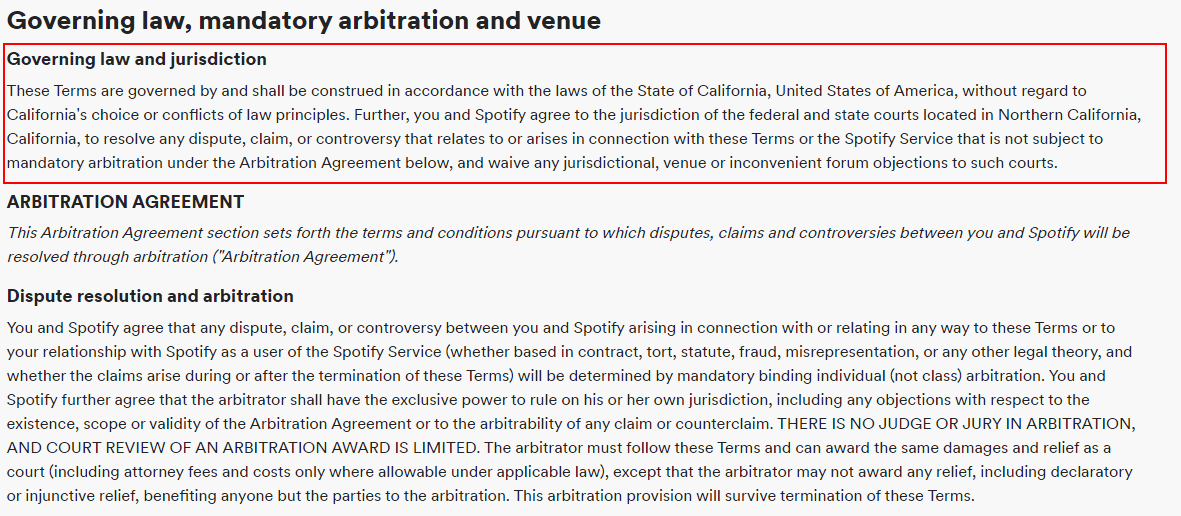 Spotify Terms and Conditions: Governing Law and Arbitration clause: Governing law excerpt highlighted