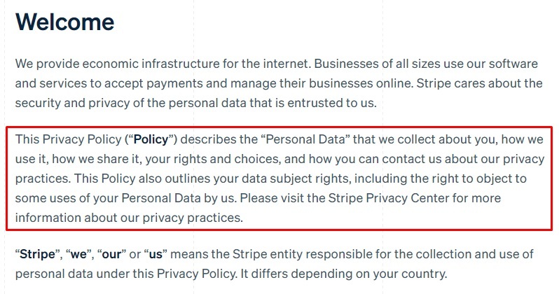 Stripe Privacy Policy with intro section highlighted