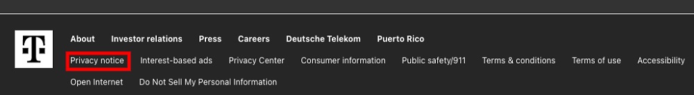 T Mobile website footer with Privacy Notice link highlighted