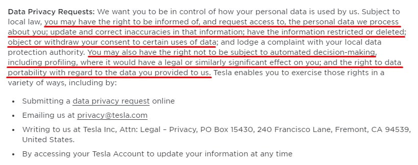 Tesla Customer Privacy Notice: Rights and Choices clause with Data Privacy Requests section highlighted