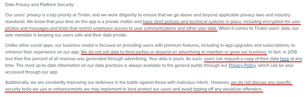 Tinder Safety and Policy Center: Data Privacy and Platform Security clause