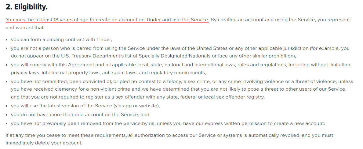 Tinder Terms of Use: Eligibility clause