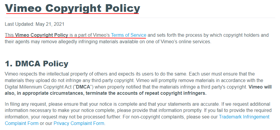 Vimeo Copyright Policy: DMCA Policy section