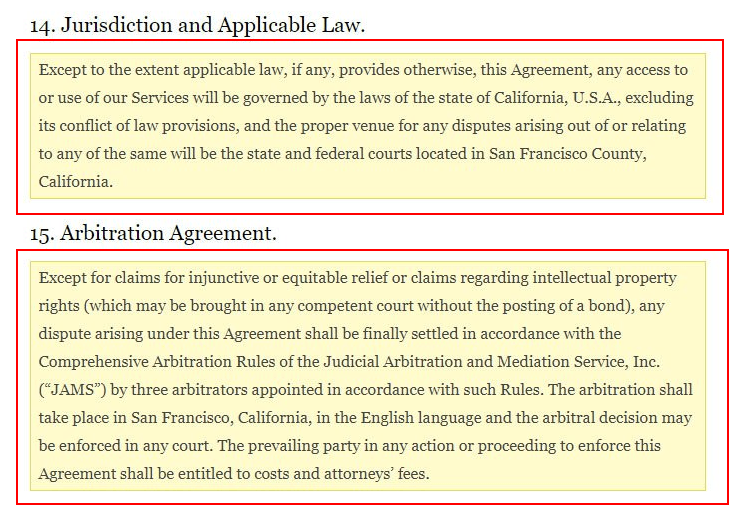 WordPress Terms of Service: Jurisdiction and Applicable Law and Arbitration Agreement clauses - old version