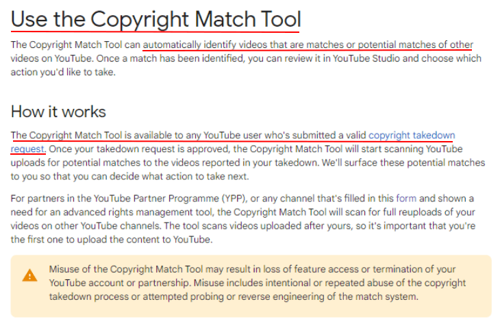 YouTube Help: Use the Copyright Match tool page excerpt