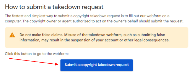 YouTube: How to Submit a Copyright Takedown Request with form link highlighted