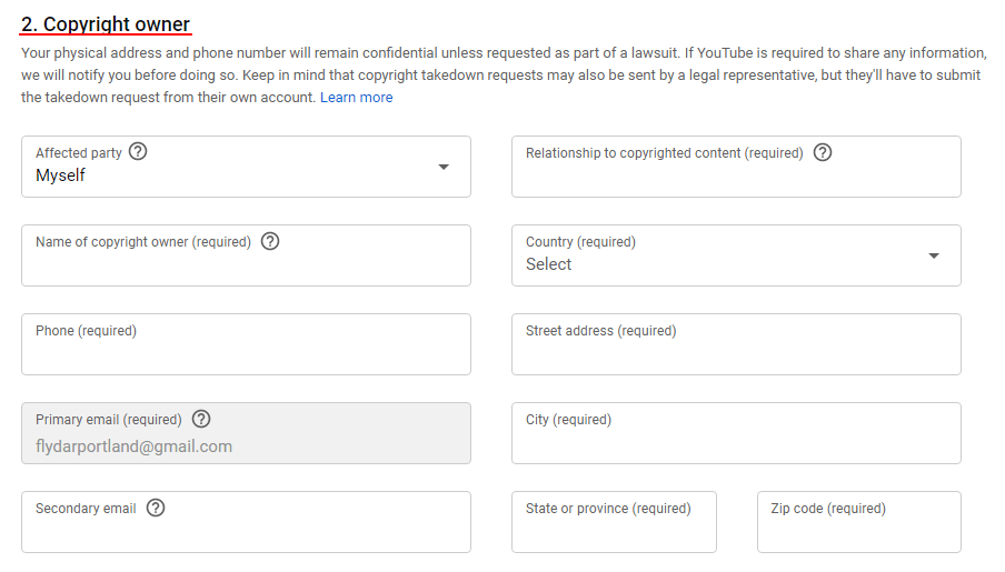 YouTube Takedown request form: Copyright owner information section