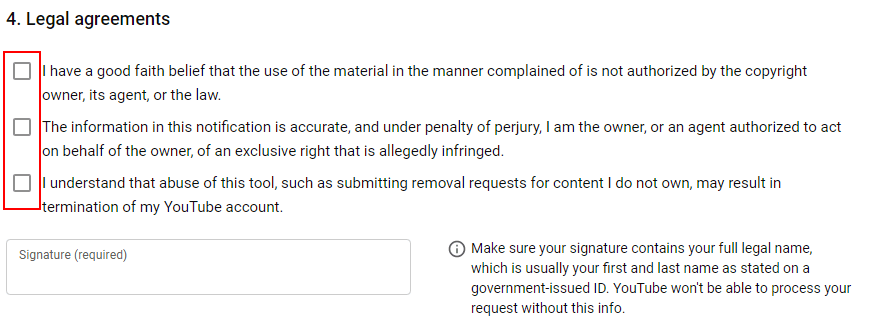YouTube Takedown Request Form: Legal Agreements section