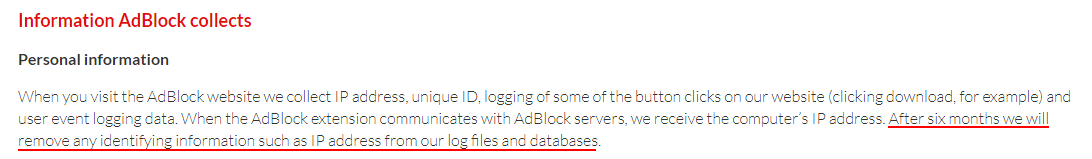 AdBlock Privacy Policy: Information AdBlock Collects - Personal Information section