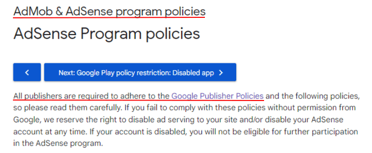 AdMob and AdSense Program Policies: Adhere to Google Publisher Policies requirement highlighted