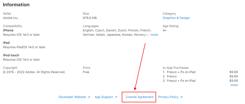 Apple App Store Adobe Fresco listing with License Agreement link highlighted