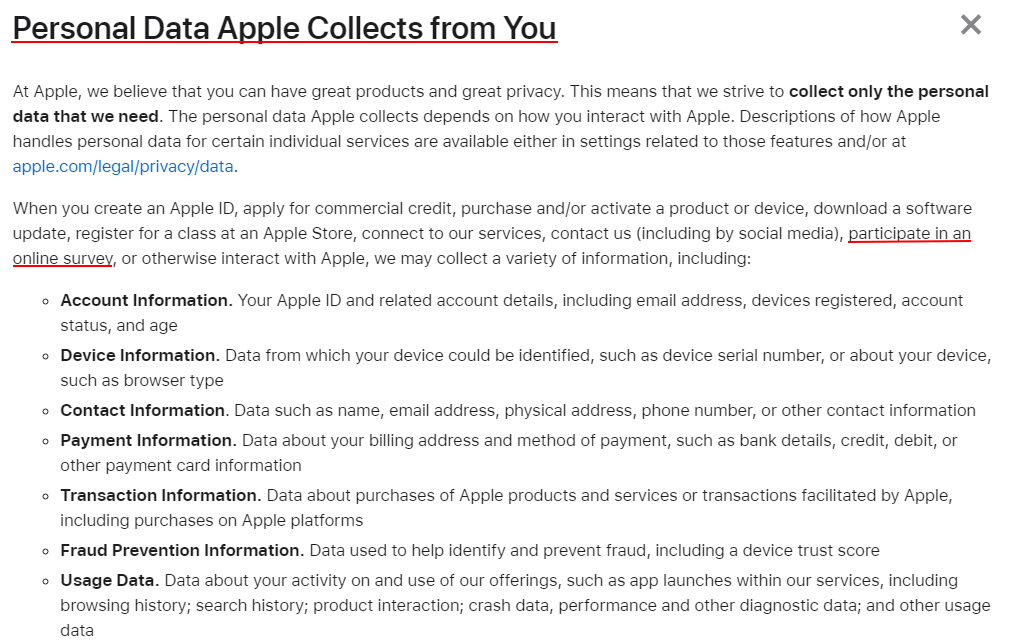 Apple Privacy Policy: Personal Data Apple Collects From You clause with survey highlighted