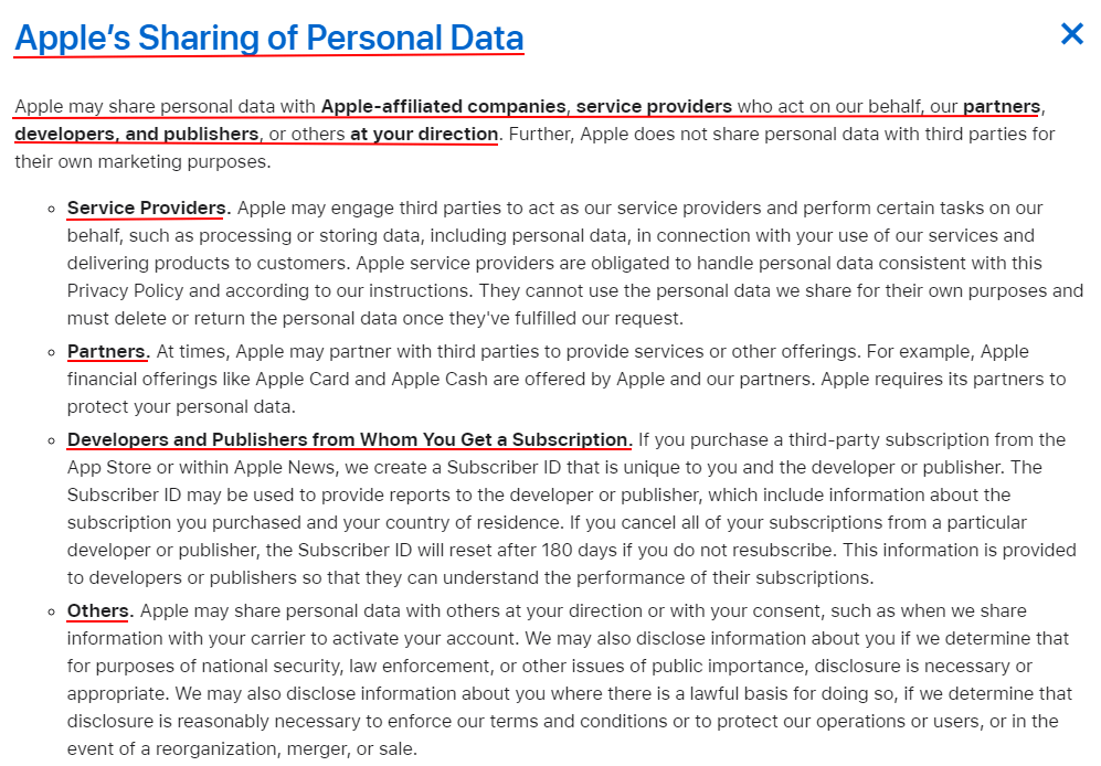 Apple Privacy Policy: Sharing Personal Data clause