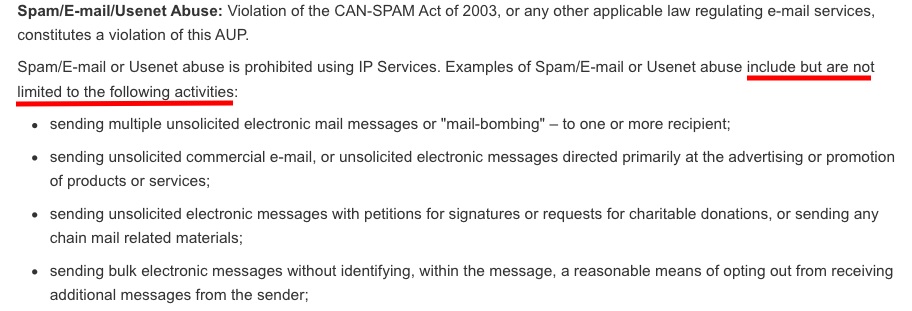 ATT Acceptable Use Policy: Spam Email and Usenet Abuse clause excerpt