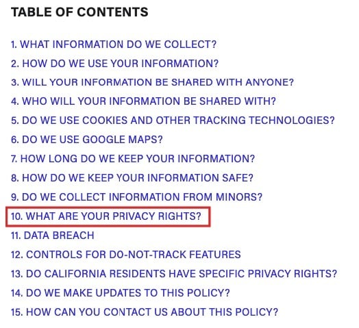 Bankuet Privacy Policy Table of Contents with What Are Your Privacy Rights link highlighted