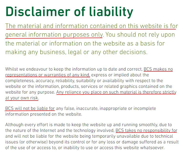 BCS Disclaimer of Liability - Updated for 2022