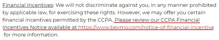 BevMo Privacy Notice: Financial Incentives clause