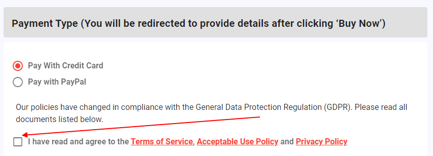 Blazing SEO checkout screen with checkbox to agree to Terms of Service Acceptable Use Policy and Privacy Policy highlighted