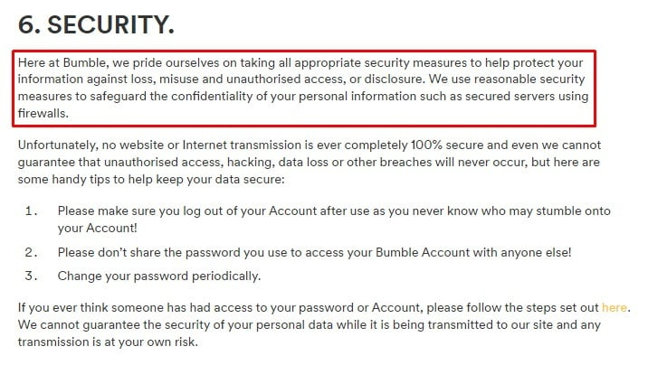 Bumble Privacy Policy: Security clause