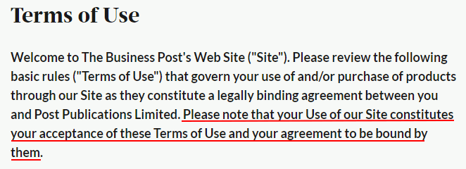 Business Post Terms of Use: Intro section with browsewrap section highlighted